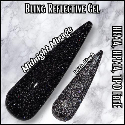 Midnight Mirage Reflective Black Gel | Lights up under Flash | HEMA, HPMA, TPO Free uv/led | 15ml | Soak Off |