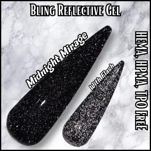 Midnight Mirage Reflective Black Gel | Lights up under Flash | HEMA, HPMA, TPO Free uv/led | 15ml | Soak Off |
