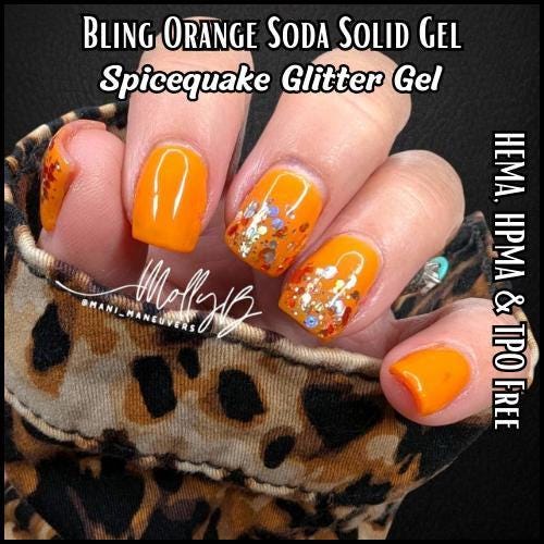 Orange Soda Solid with Spicequake Glitter Mani Gels | Pumpkin Orange Holographic Silver Glitter | HEMA, HPMA, TPO Free uv/led | 15ml