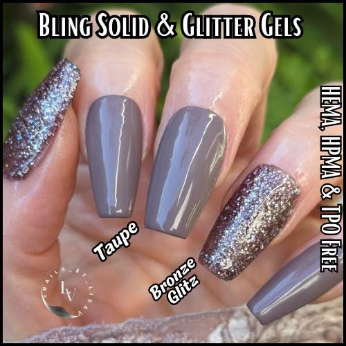 Taupe Solid with Bronze Glitz Gel Mani | Taupe Solid Gel | Bronze Glitz Multi-Glitter Gel | HEMA, HPMA, TPO Free uv/led | 15ml