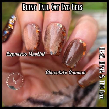 Espresso Martini & Chocolate Cosmos Cat Eye Gels | Shimmery Metallic Copper Taupe Brown | HEMA, HPMA, TPO Free uv/led