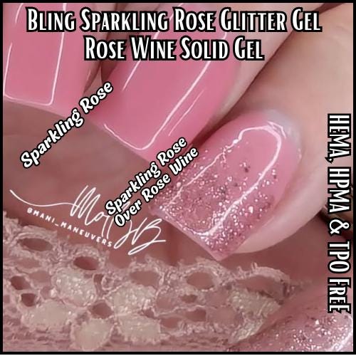 Sparkling Rose Glitter Gel | Overlay Glitter Shown over Rose Wine & Vixen Black - HEMA HPMA TPO Free | Gel Polish, Nail Gel