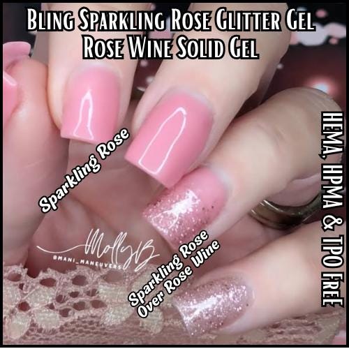 Sparkling Rose Glitter Gel | Overlay Glitter Shown over Rose Wine & Vixen Black - HEMA HPMA TPO Free | Gel Polish, Nail Gel