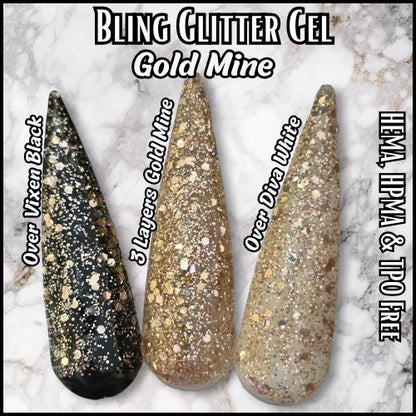 Gold Mine Glitter Gel | Chunky Gold Glitter in a Light Tan Jelly Base | Overlay | Topper | HEMA, HPMA, TPO Free | Gel Nails, Nail Gel