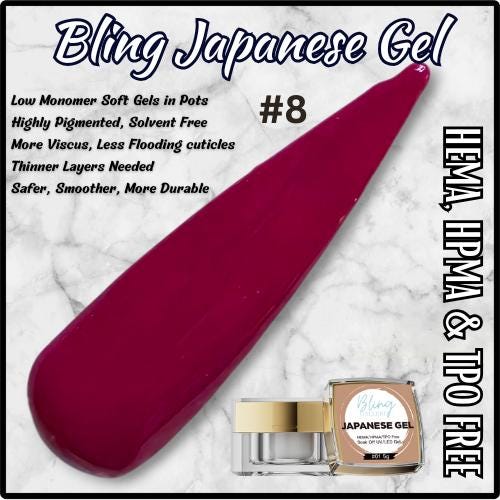 Japanese Gel #8 | High Quality, Highly Pigmented, Low Monomer, Solvent Free Soft Gels in Pots | HEMA, HPMA, TPO Free | Nail Gel, Gel Polish