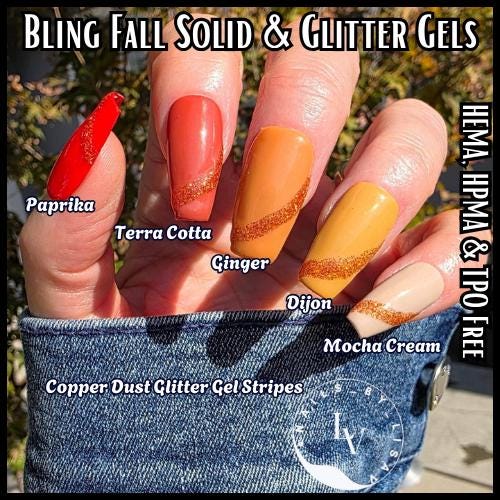 Paprika, Terra Cotta, Ginger, Dijon, Mocha Cream Solid Color Gels & Copper Dust Glitter - HEMA, HPMA, TPO Free (Copy)