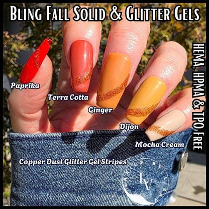 Paprika, Terra Cotta, Ginger, Dijon, Mocha Cream Solid Color Gels & Copper Dust Glitter - HEMA, HPMA, TPO Free (Copy)