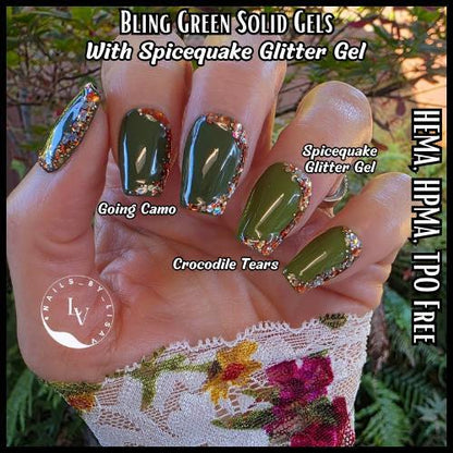 Crocodile Tears & Going Camo Green Solid Gels with Spicequake Glitter Mani Gels | Olive Green | Pumkin |HEMA, HPMA, TPO Free uv/led | 15ml