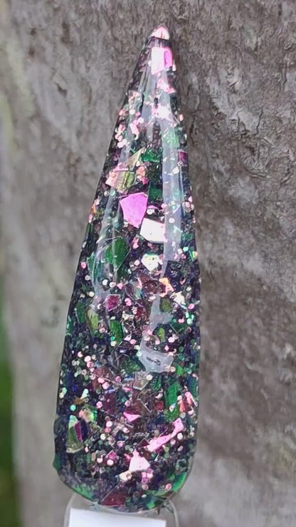 Serpentine Sky Collection - Collection of Glitters and Solids with coordinating Gold, Green, and Pink colors / Acrylic Nail Dip Powder