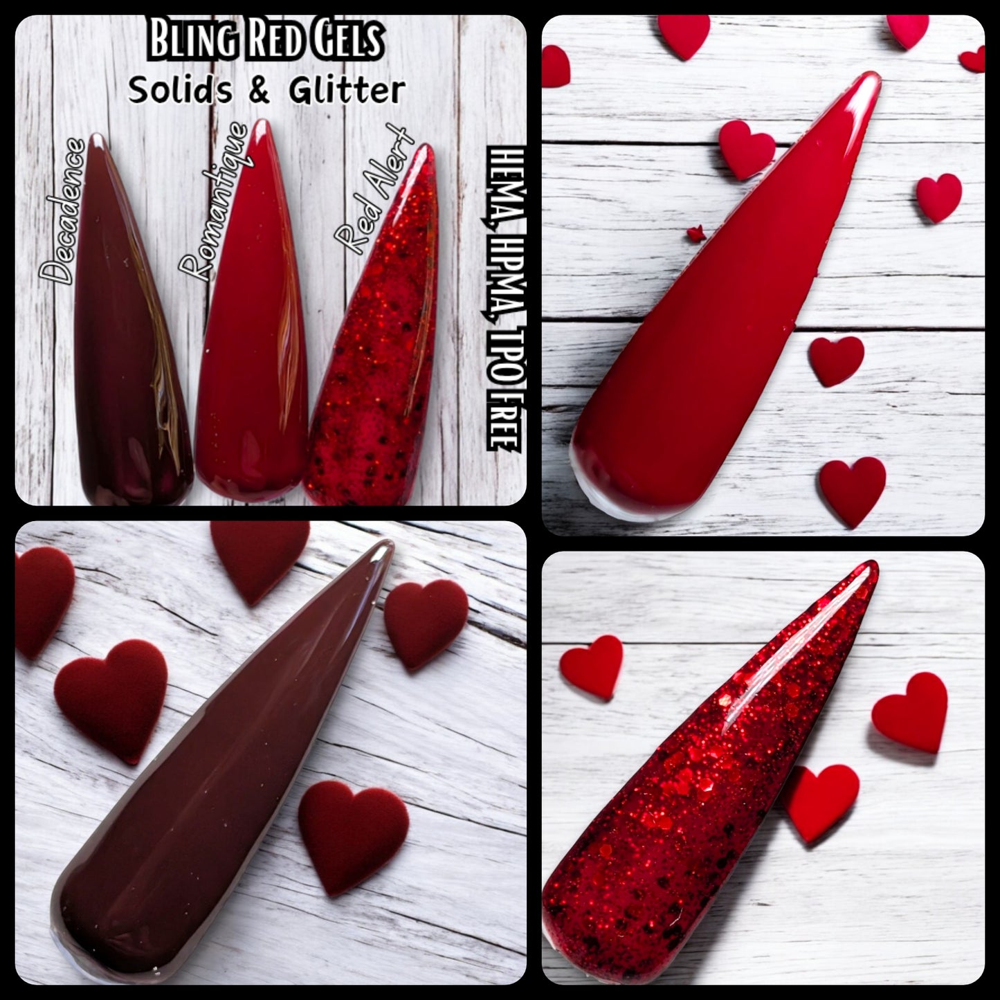 Romantique Red Alert Mani Dark Red Solid and Red Glitter Gels - HEMA HPMA TPO Free