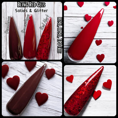 Romantique Red Alert Mani Dark Red Solid and Red Glitter Gels - HEMA HPMA TPO Free